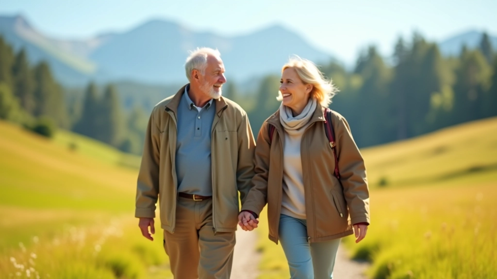 Seniorský pár v lehkém oblečení procházející rovinnou horskou loukou s úsměvem